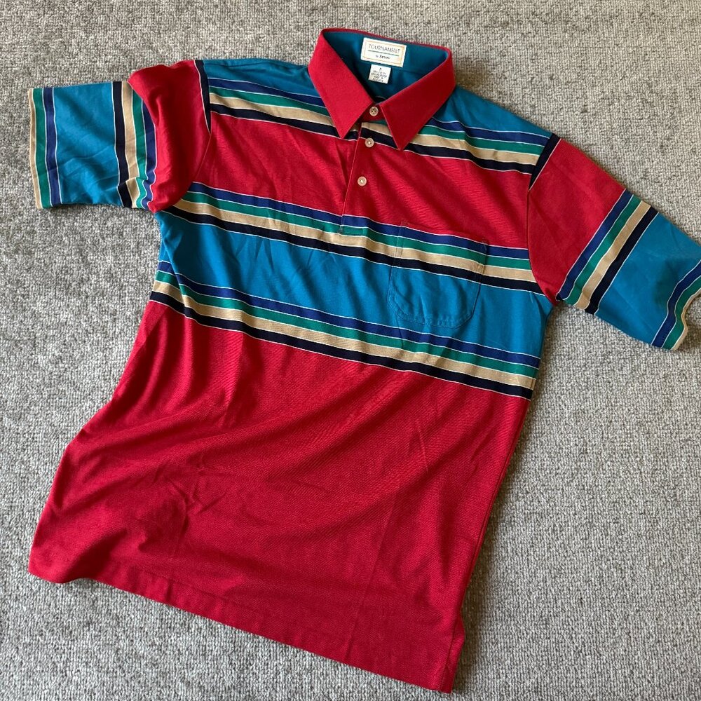 Vintage Tournament by Arrow Polo Striped Shirt Men's Short Sleeve Size Medium